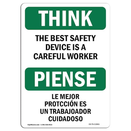 Signmission OSHA THINK Sign, Device Careful Worker Bilingual, 24in X 18in Rigid Plastic, 18" W, 24" L, Landscape OS-TS-P-1824-L-11861